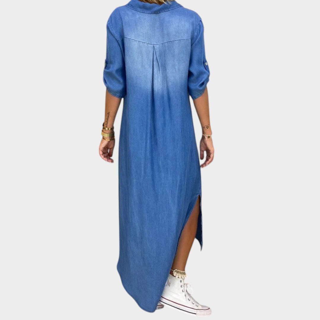 Lea™ | Vestido largo denim con abertura lateral