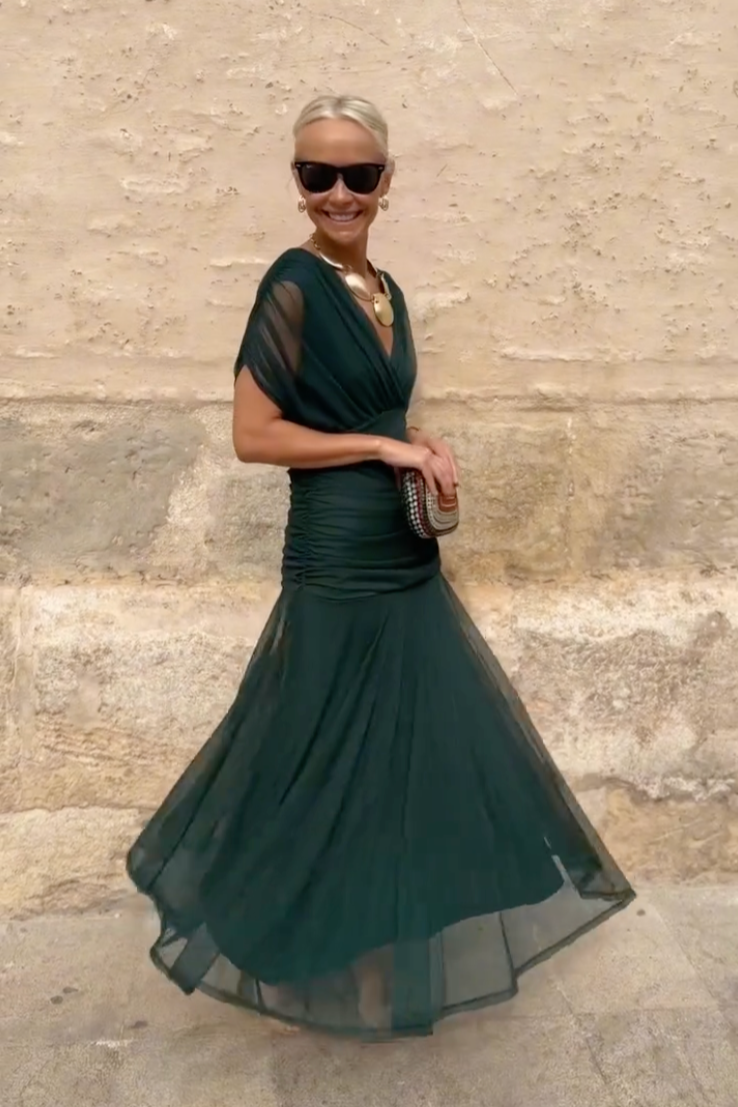Vestido Maxi de Fiesta Floral Pintado con Cuello en V Elegante