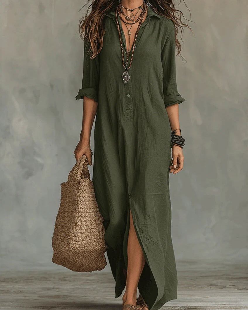 Soline™ | Vestido Maxi Verde Flotante con Botones
