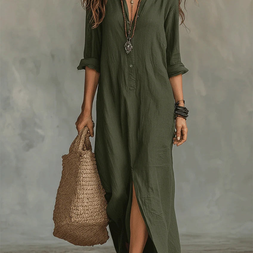 Soline™ | Vestido Maxi Verde Flotante con Botones