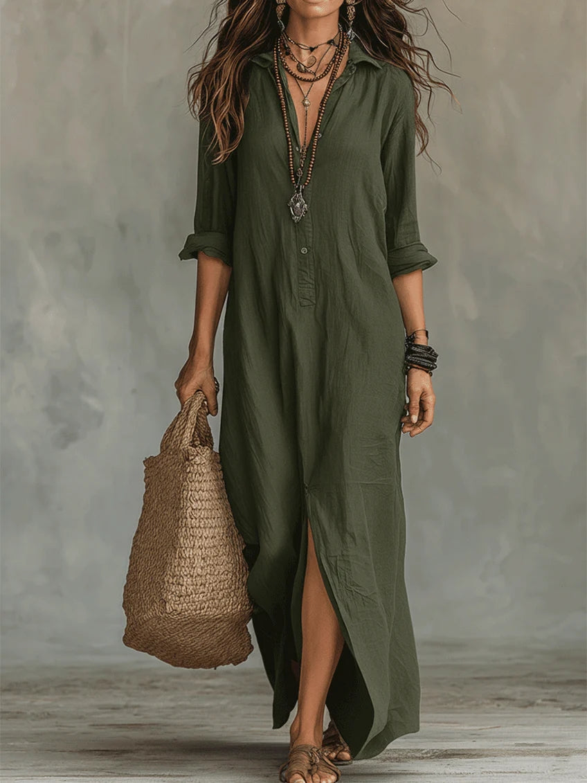 Soline™ | Vestido Maxi Verde Flotante con Botones