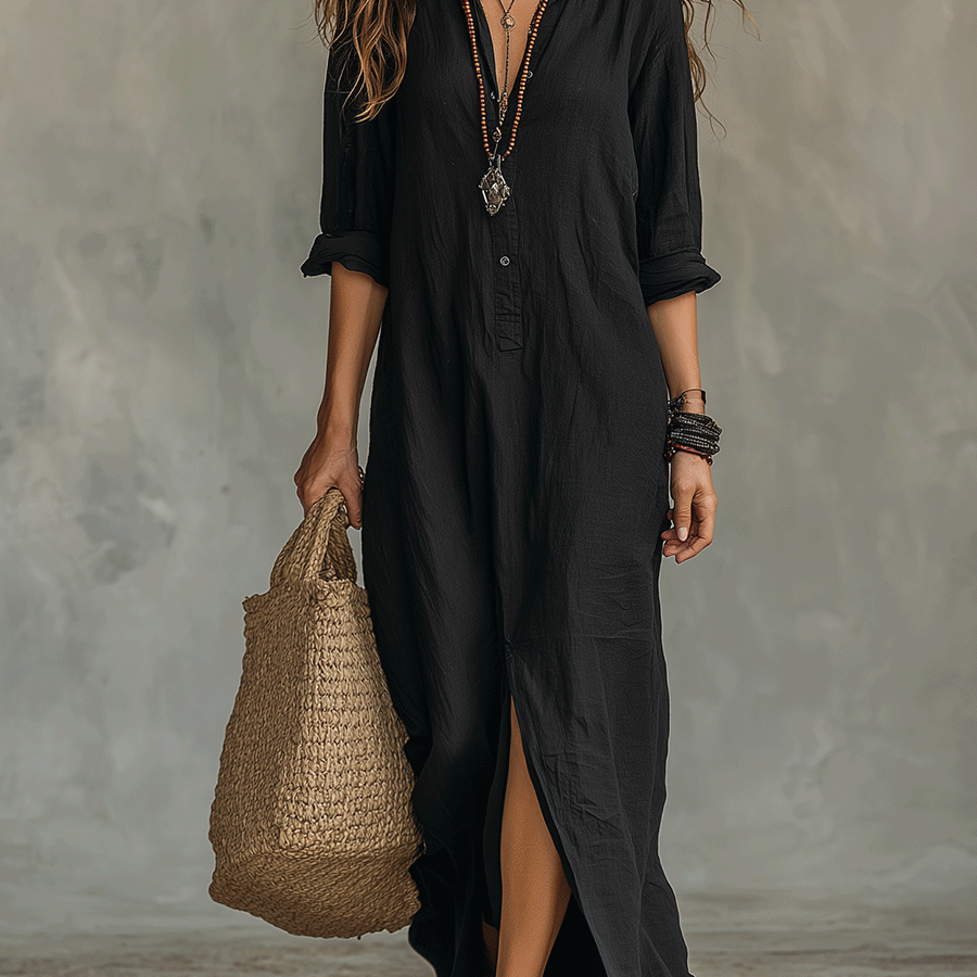 Vestido Maxi Bohemio con Botones Frontales Negros