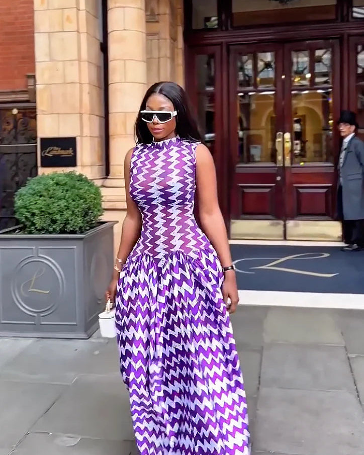 Vestido Maxi de Estampado Zigzag Morado
