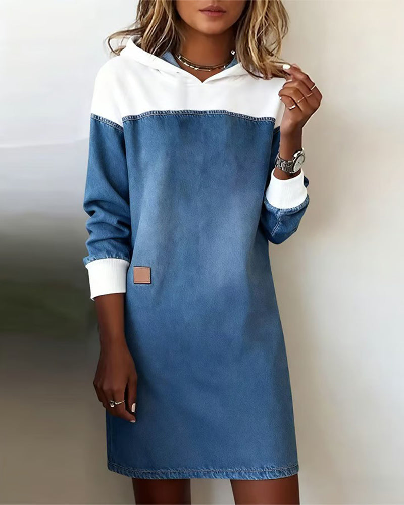 Vestido de mezclilla patchwork con capucha y hombros caídos