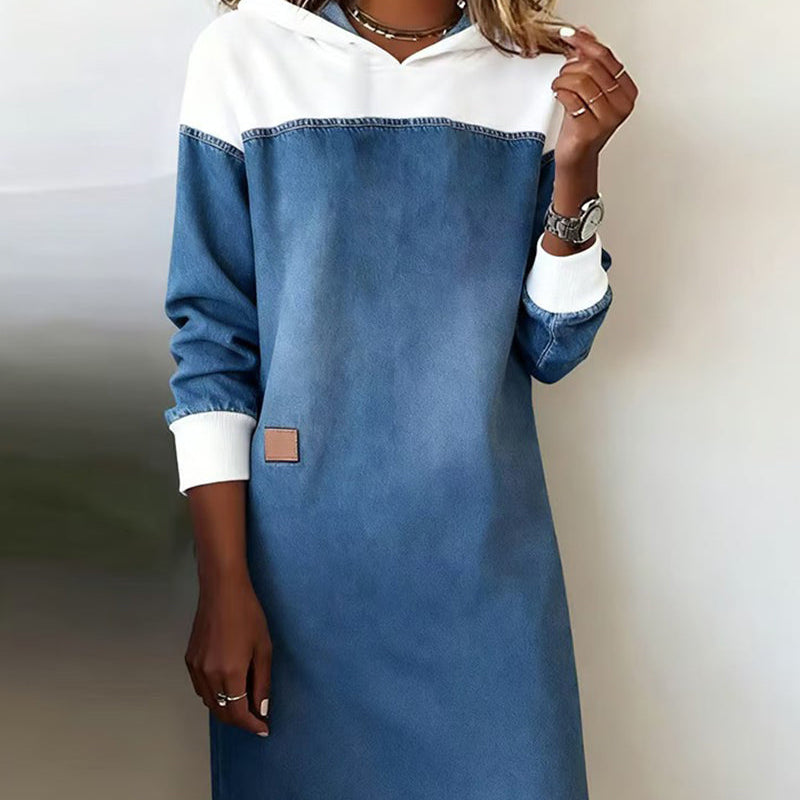 Vestido de mezclilla patchwork con capucha y hombros caídos