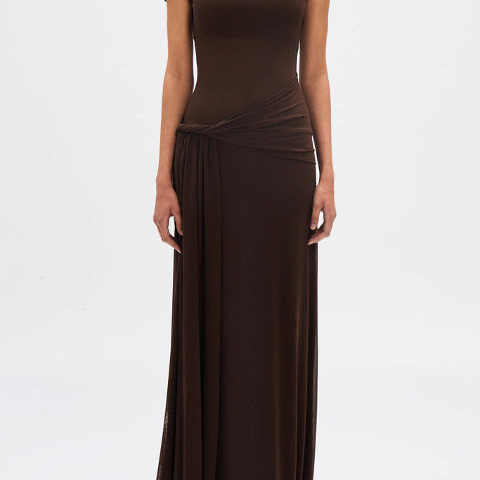 Eranda Vestido Maxi de Malla Drapada Off-Shoulder
