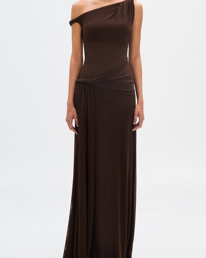 Eranda Vestido Maxi de Malla Drapada Off-Shoulder