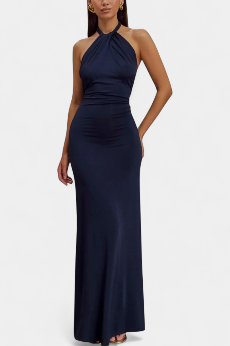 Trinity Vestido Halter Ajustado con Fruncido y Espalda Descubierta
