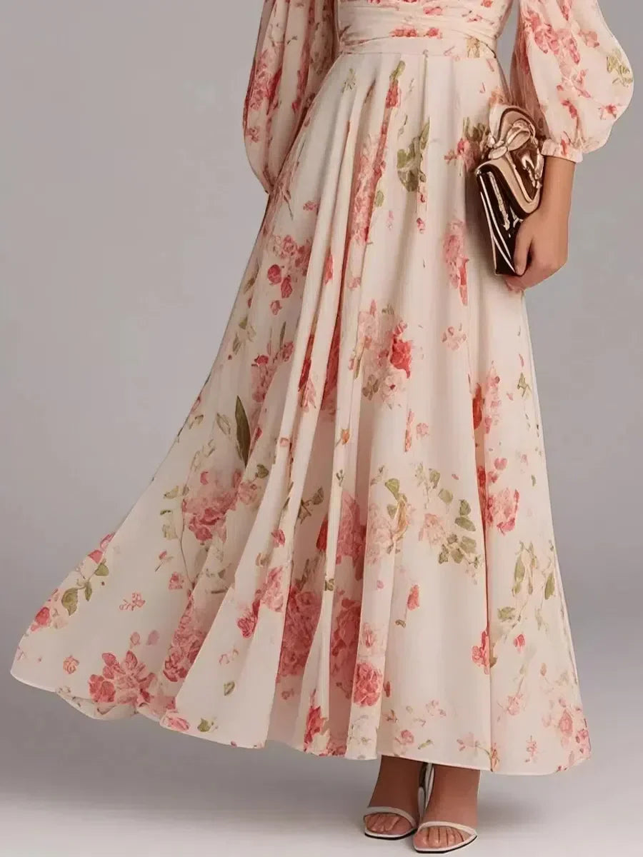 Ropa larga rosa con estampado floral y escote en V