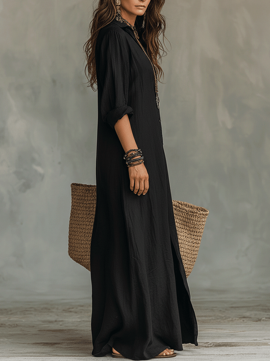 Vestido Maxi Bohemio con Botones Frontales Negros