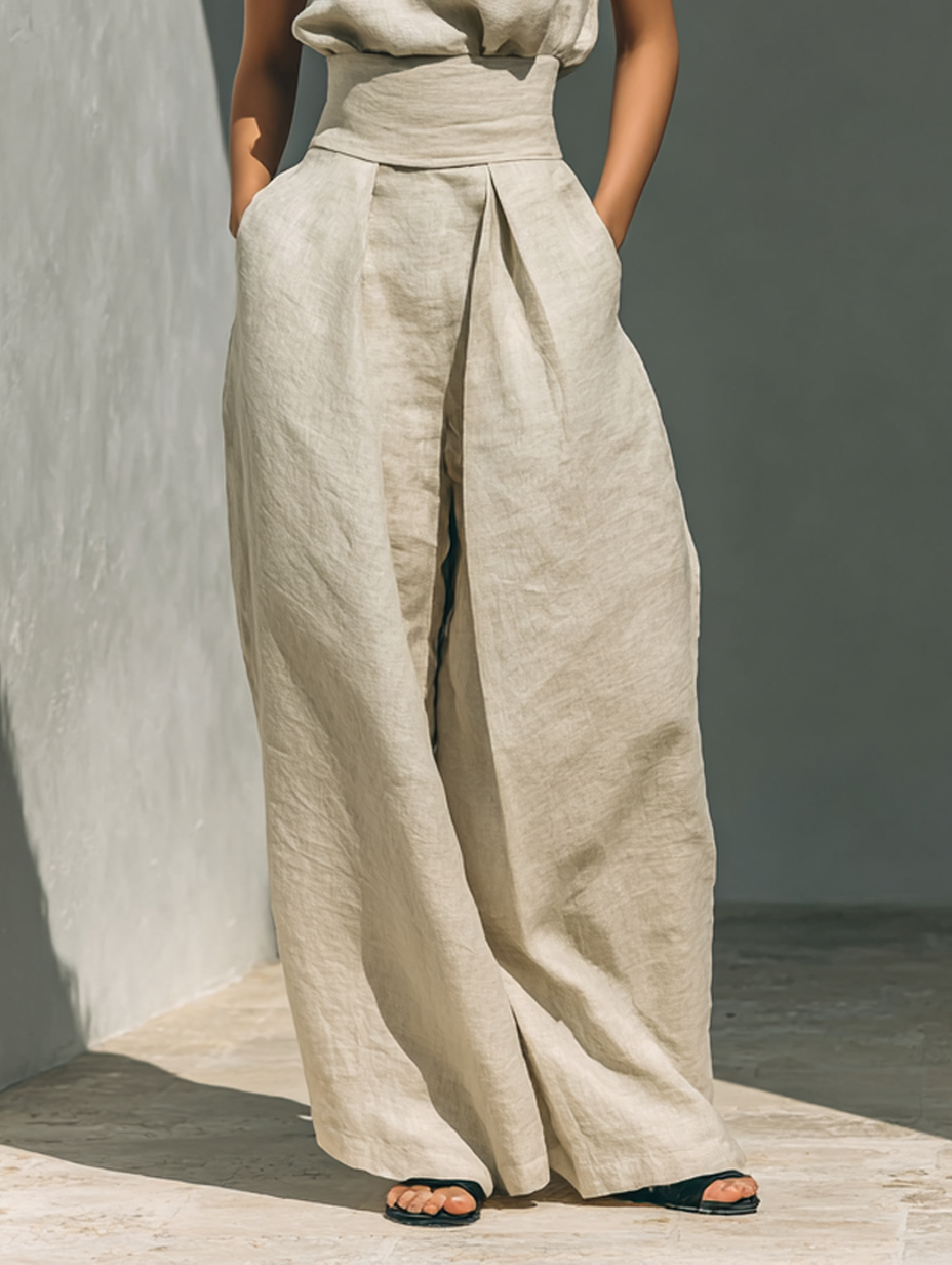 Conjunto de blusa sin mangas de algodón y lino con pantalones anchos para mujer