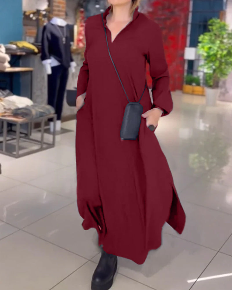 Evia™ - Vestido Largo Suelto con Solapas y Abertura