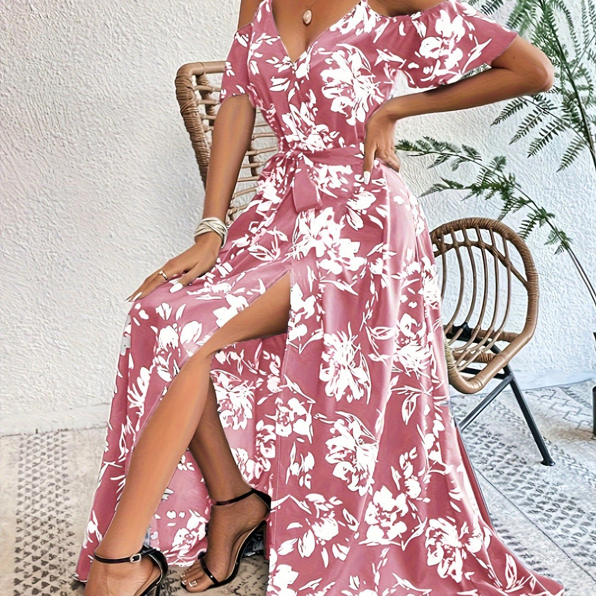 Vestido Sin Mangas de Impresión Floral con Alta Abertura para Mujeres