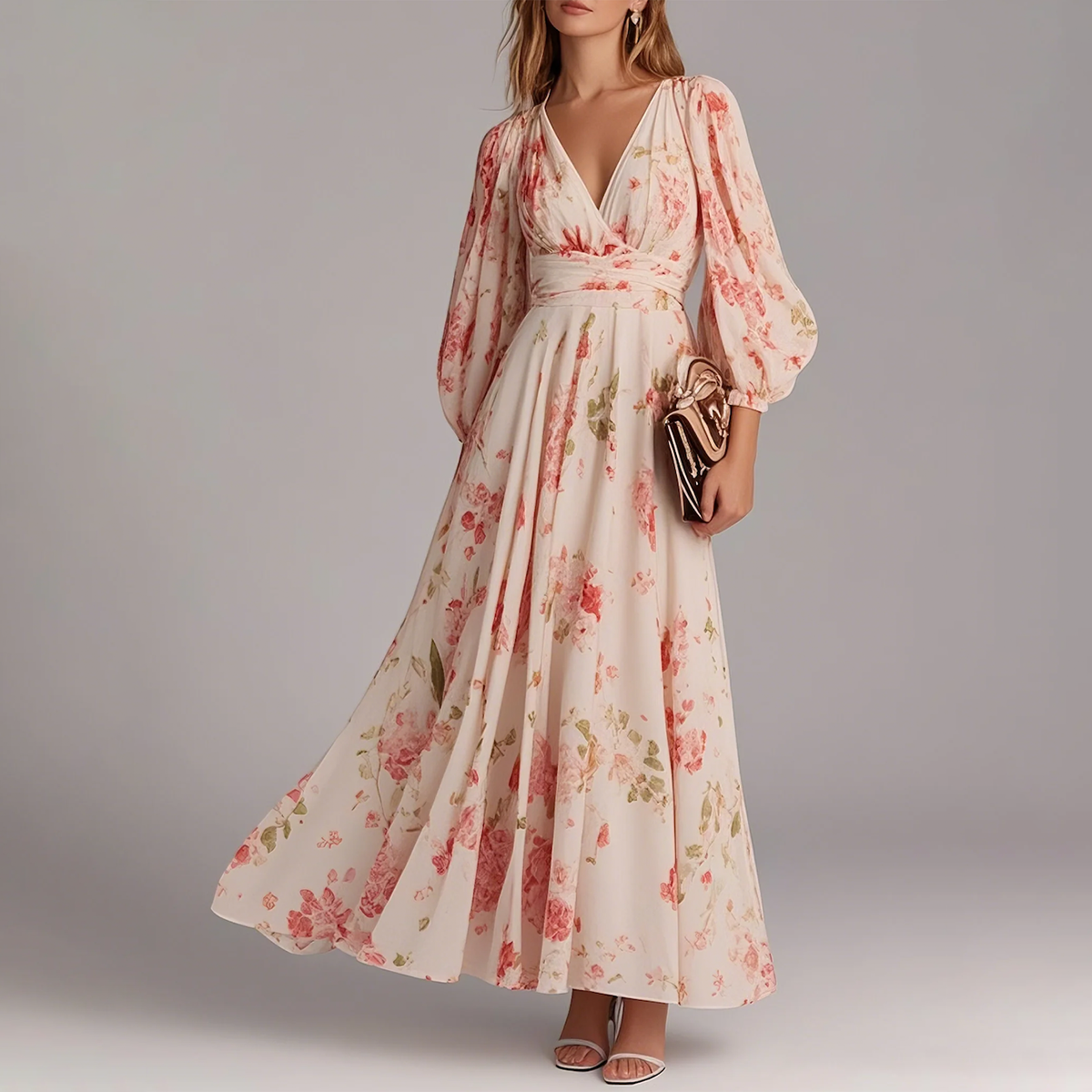 Ropa larga rosa con estampado floral y escote en V