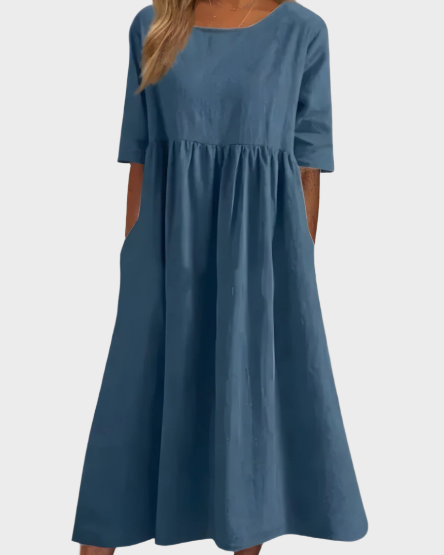 Vestido de Lino con Mangas Cortas y Corte Aireado