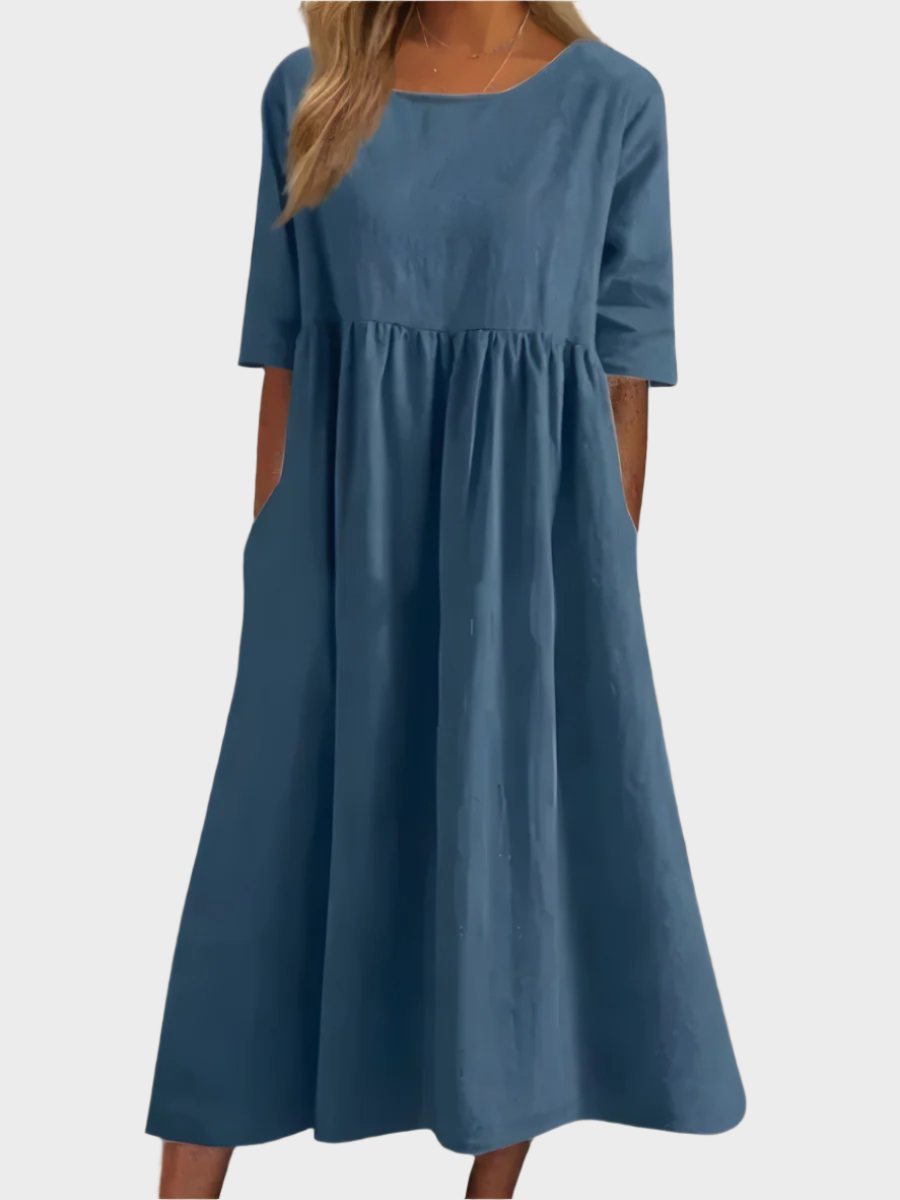 Vestido de Lino con Mangas Cortas y Corte Aireado