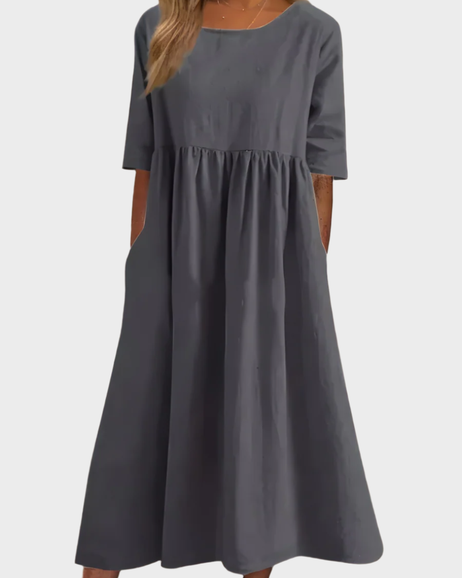 Vestido de Lino con Mangas Cortas y Corte Aireado
