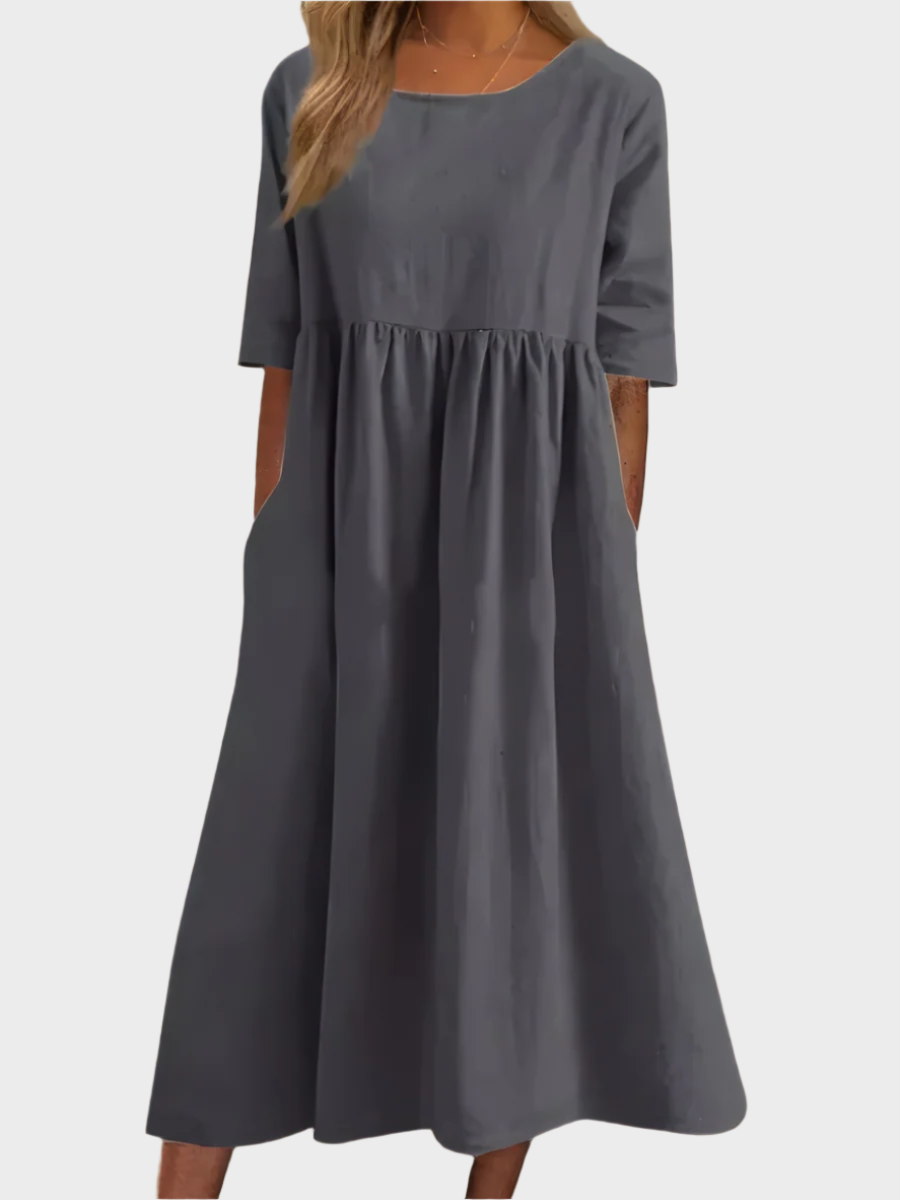 Vestido de Lino con Mangas Cortas y Corte Aireado