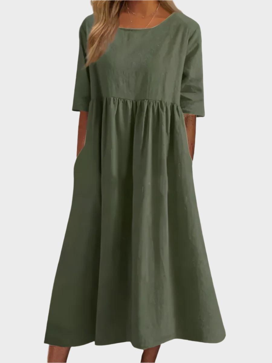 Vestido de Lino con Mangas Cortas y Corte Aireado
