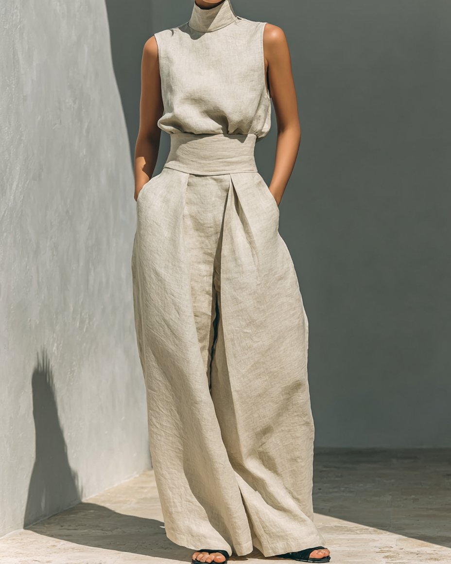 Conjunto de blusa sin mangas de algodón y lino con pantalones anchos para mujer