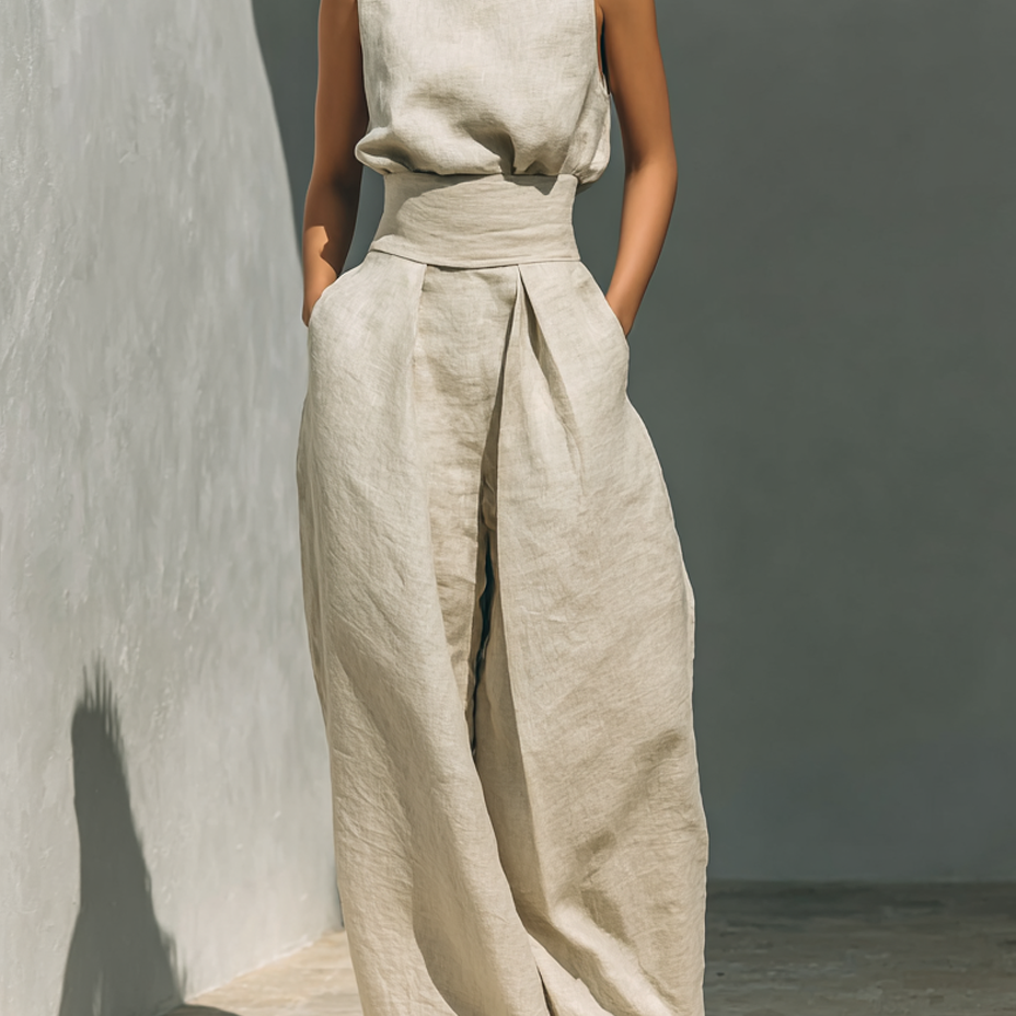 Conjunto de blusa sin mangas de algodón y lino con pantalones anchos para mujer