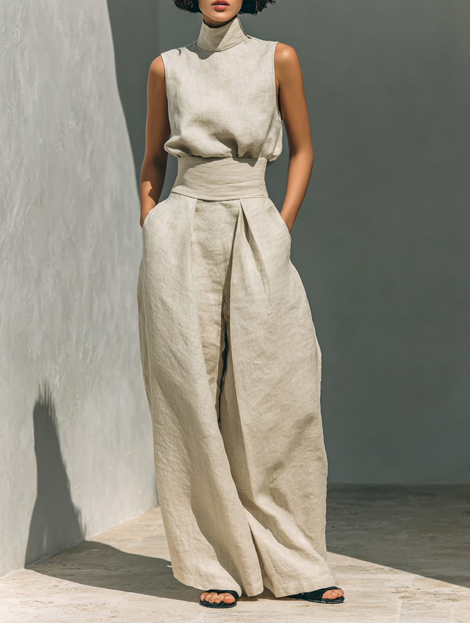 Conjunto de blusa sin mangas de algodón y lino con pantalones anchos para mujer