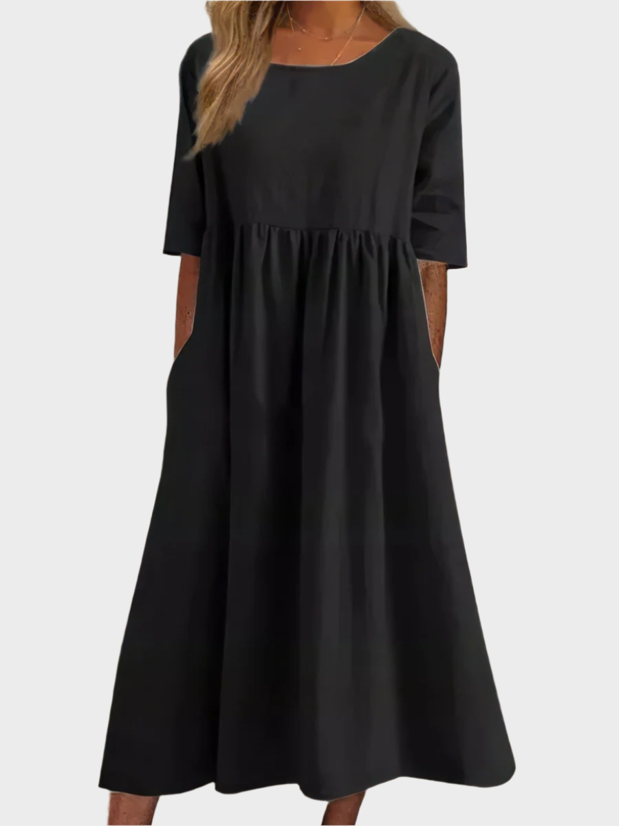 Vestido de Lino con Mangas Cortas y Corte Aireado