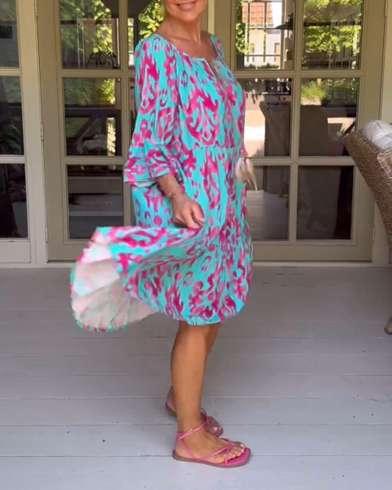 Vestido Rojo Con Estampado Y Mangas Tres Cuartos