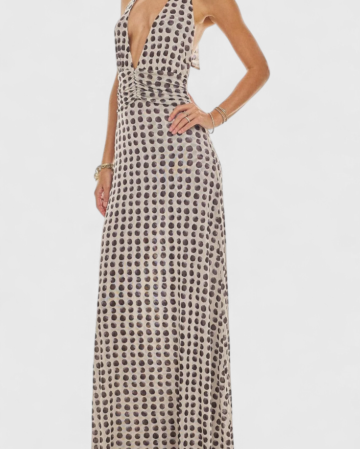 Melodía Vestido Maxi de Lunares con Escote Halter y Cintura Fruncida