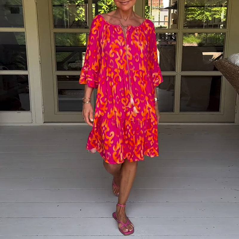 Vestido Rojo Con Estampado Y Mangas Tres Cuartos