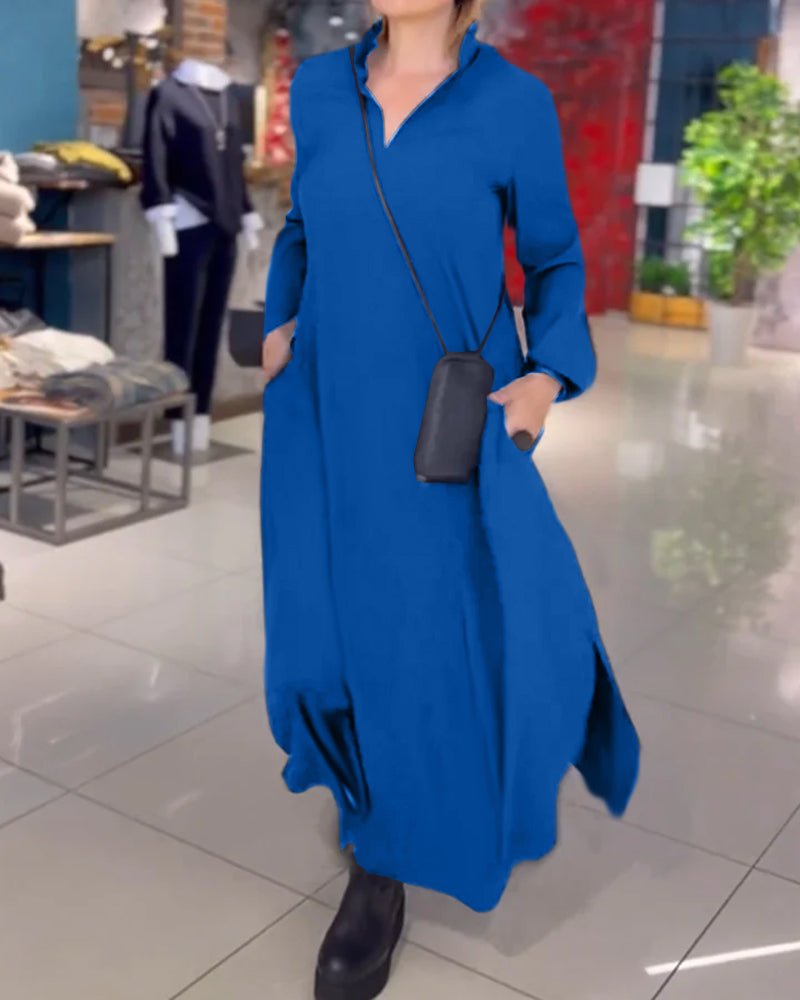 Evia™ - Vestido Largo Suelto con Solapas y Abertura