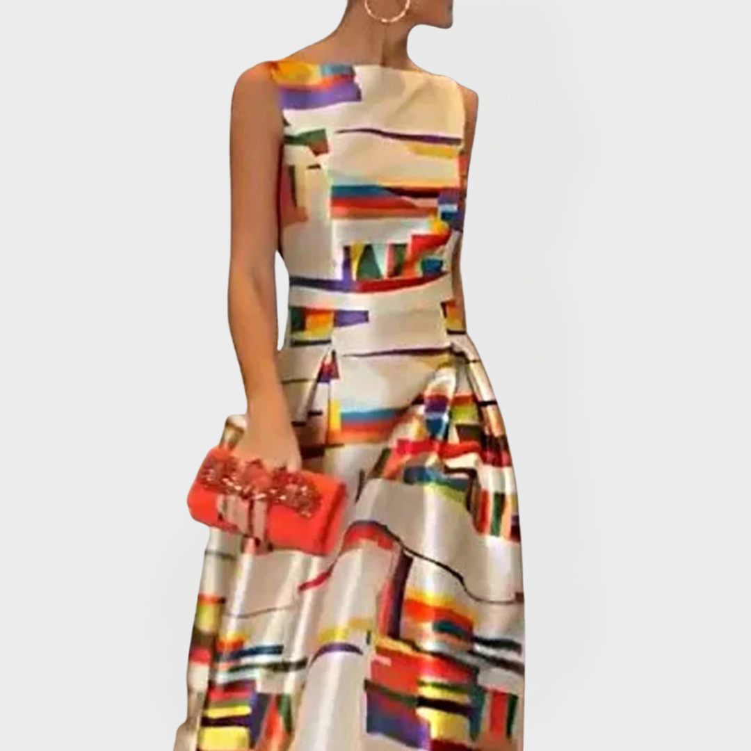 Vestido Largo con Patrones Geométricos y Corte Moderno