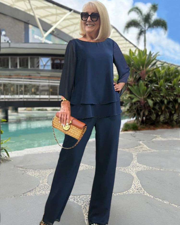 Elvara | Conjunto para mujer de dos piezas con blusa fluida y pantalón largo