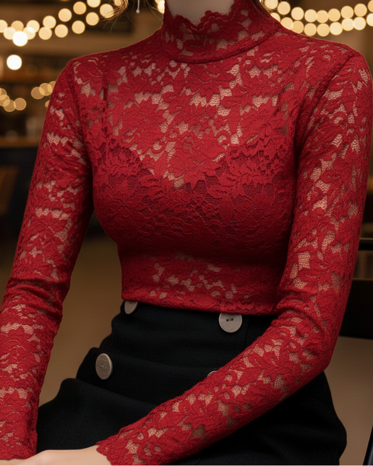 Carmen | Blusa de encaje para mujer con cuello alto de primavera