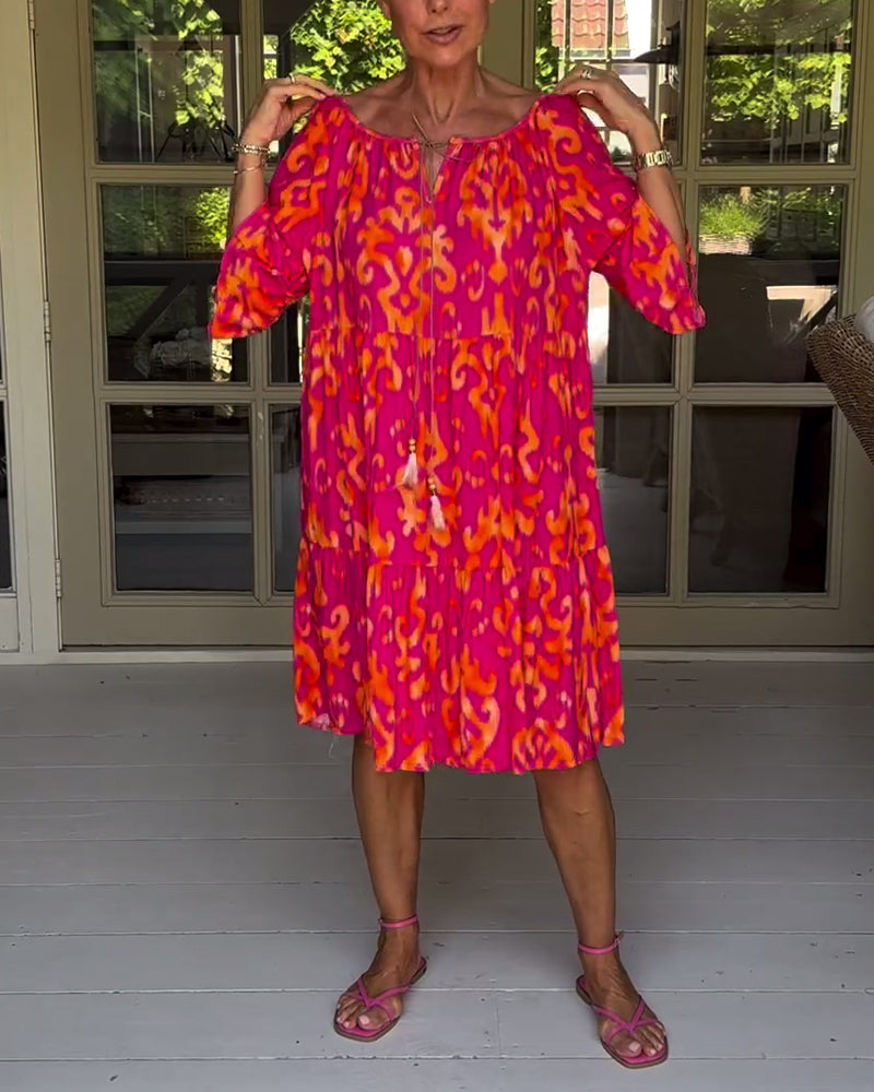 Vestido Rojo Con Estampado Y Mangas Tres Cuartos