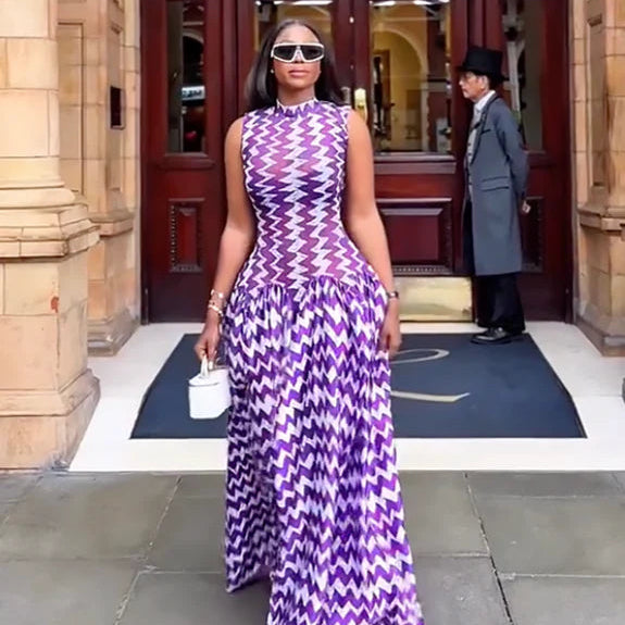 Vestido Maxi de Estampado Zigzag Morado