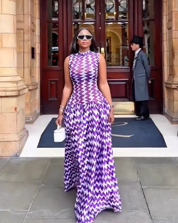 Vestido Maxi de Estampado Zigzag Morado