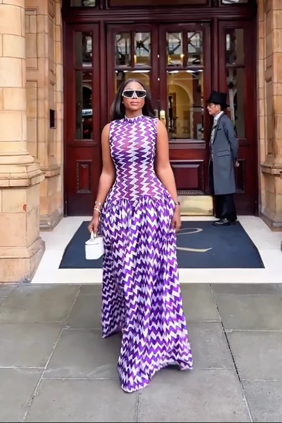 Vestido Maxi de Estampado Zigzag Morado