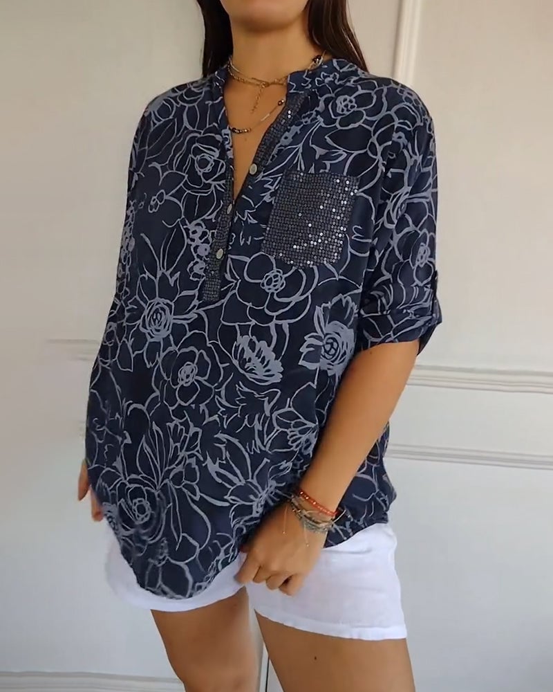 Blusa Impresa Con Botones y Cuello en V