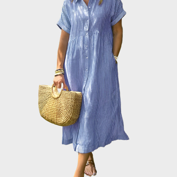 Vestido Camisero a Rayas con Solapas, Botones y Bolsillos Funcionales