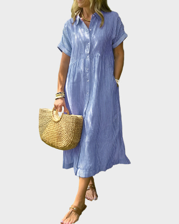 Vestido Camisero a Rayas con Solapas, Botones y Bolsillos Funcionales