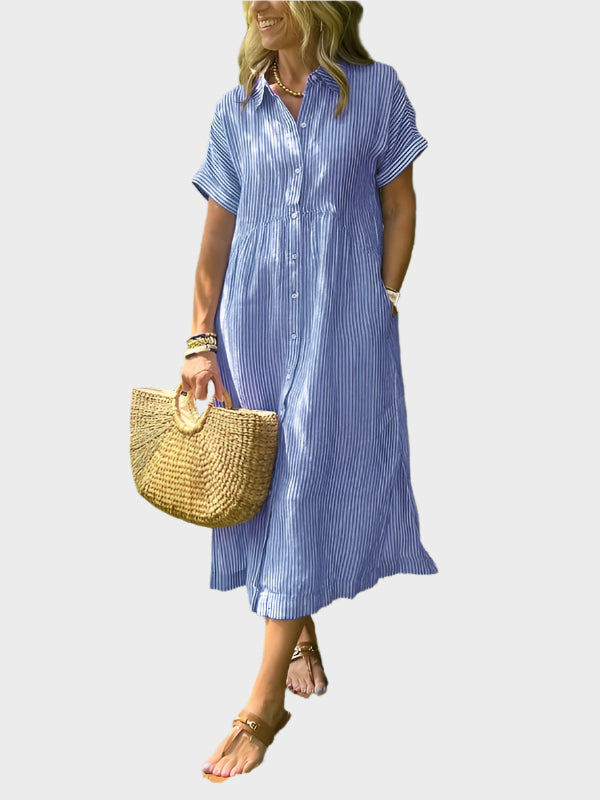 Vestido Camisero a Rayas con Solapas, Botones y Bolsillos Funcionales