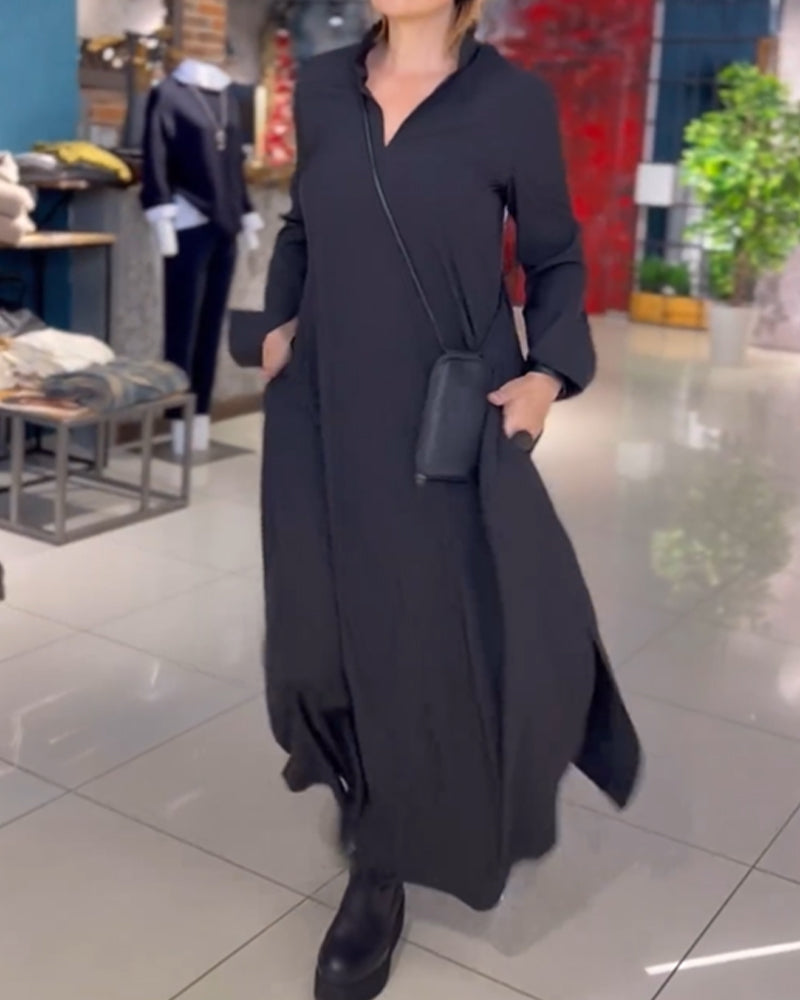 Evia™ - Vestido Largo Suelto con Solapas y Abertura
