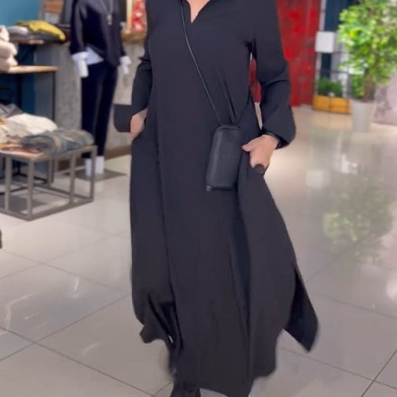 Evia™ - Vestido Largo Suelto con Solapas y Abertura