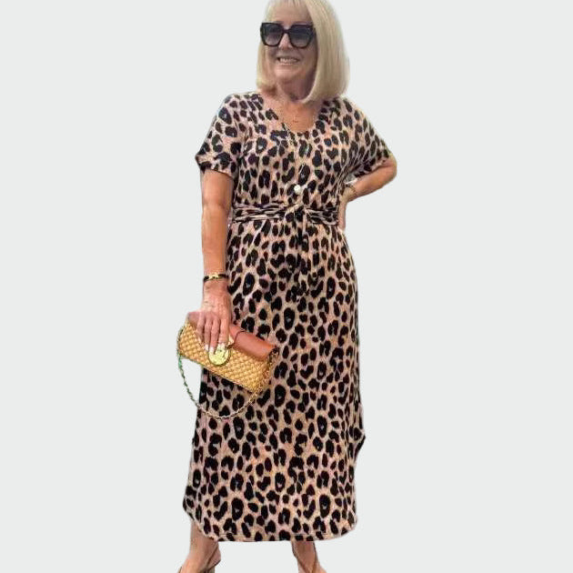 Vestido con Estampado de Leopardo y Impresionante Escote en V