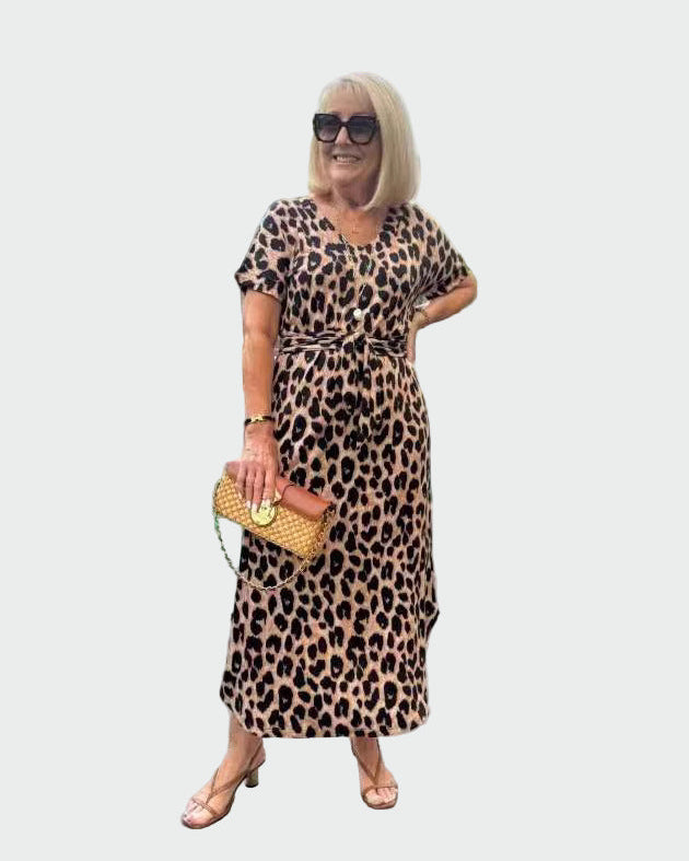 Vestido con Estampado de Leopardo y Impresionante Escote en V