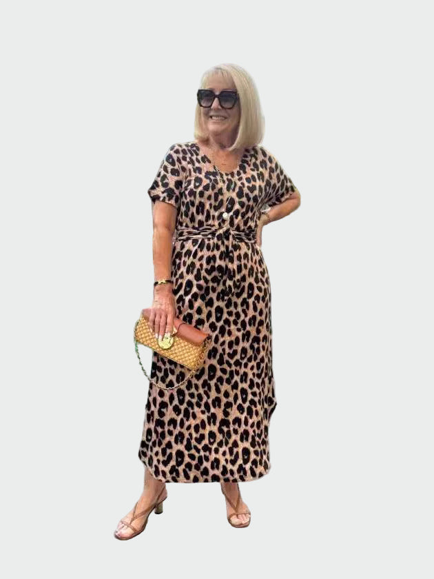 Vestido con Estampado de Leopardo y Impresionante Escote en V