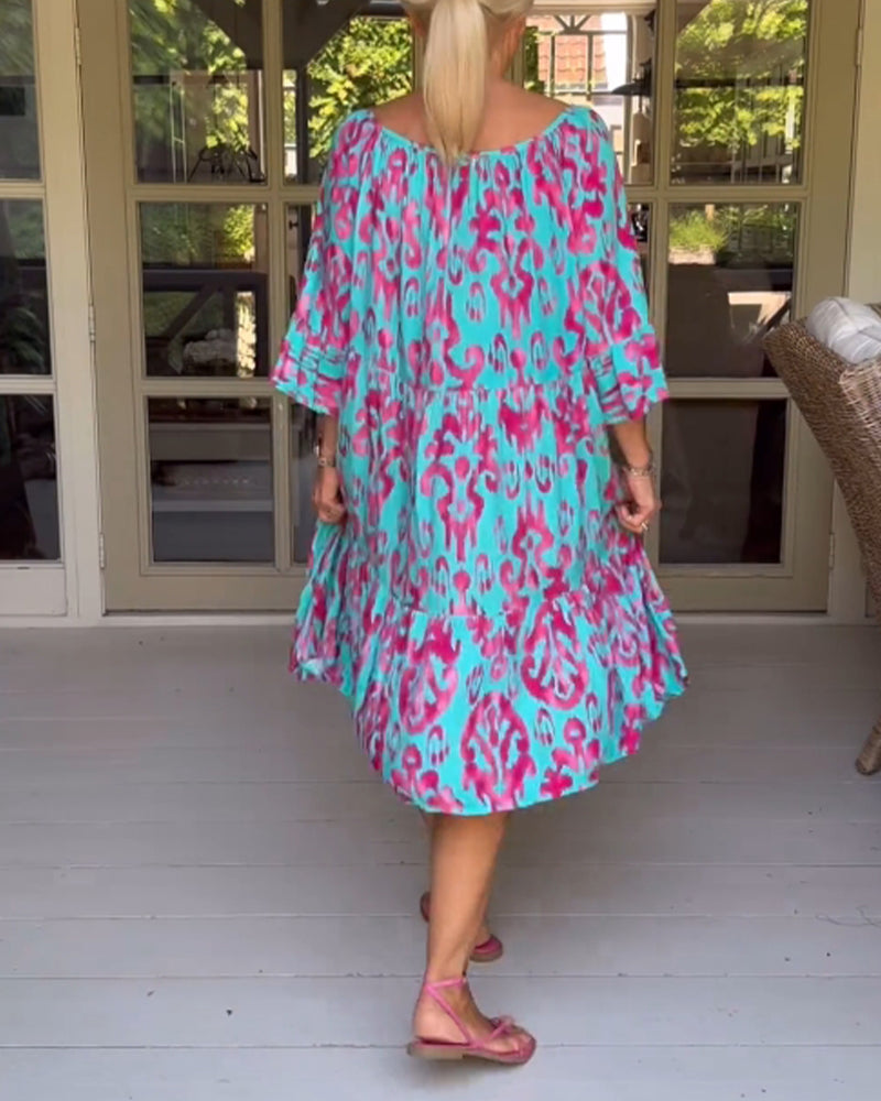 Vestido Rojo Con Estampado Y Mangas Tres Cuartos