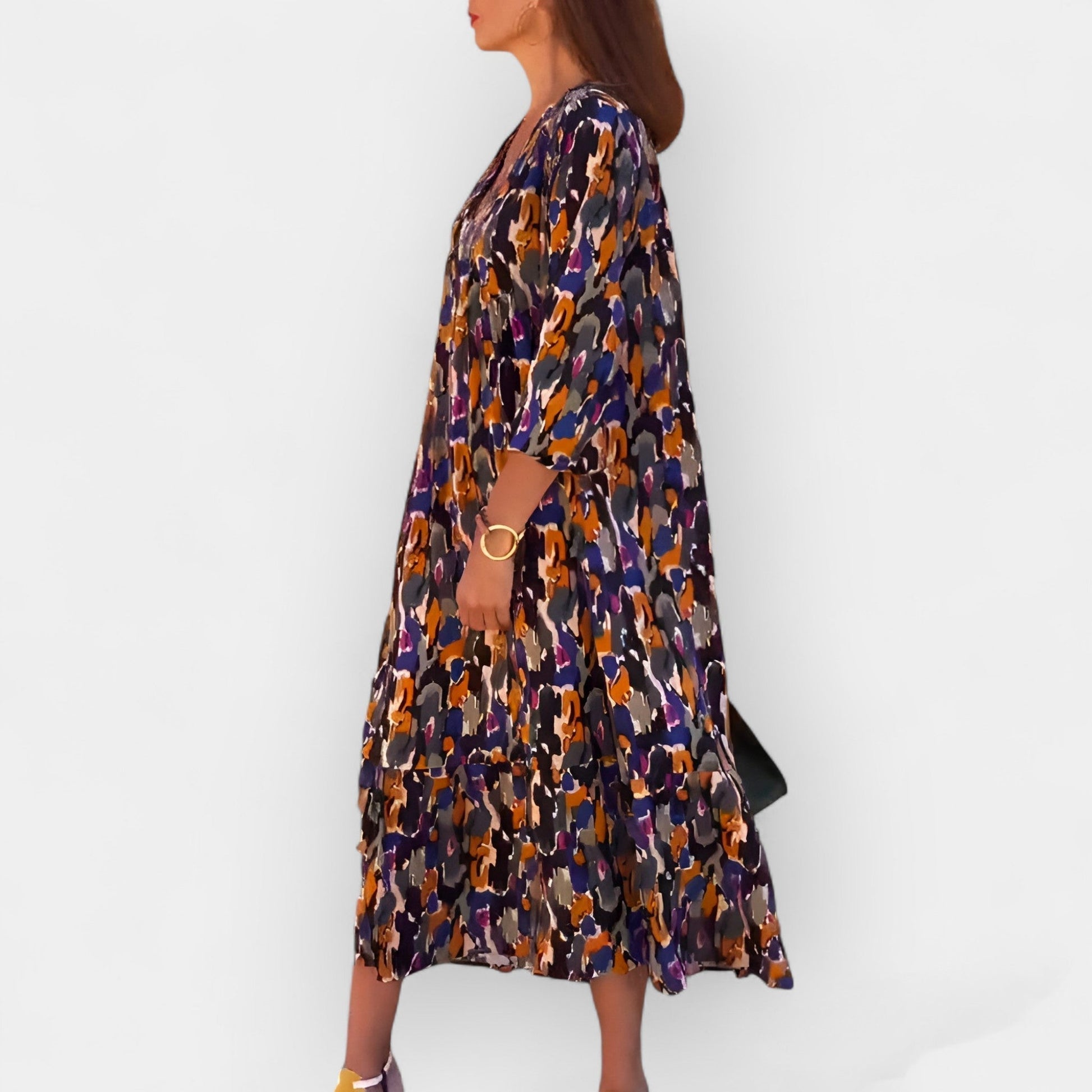 Vestido de Cuello en V con Diseño Retro