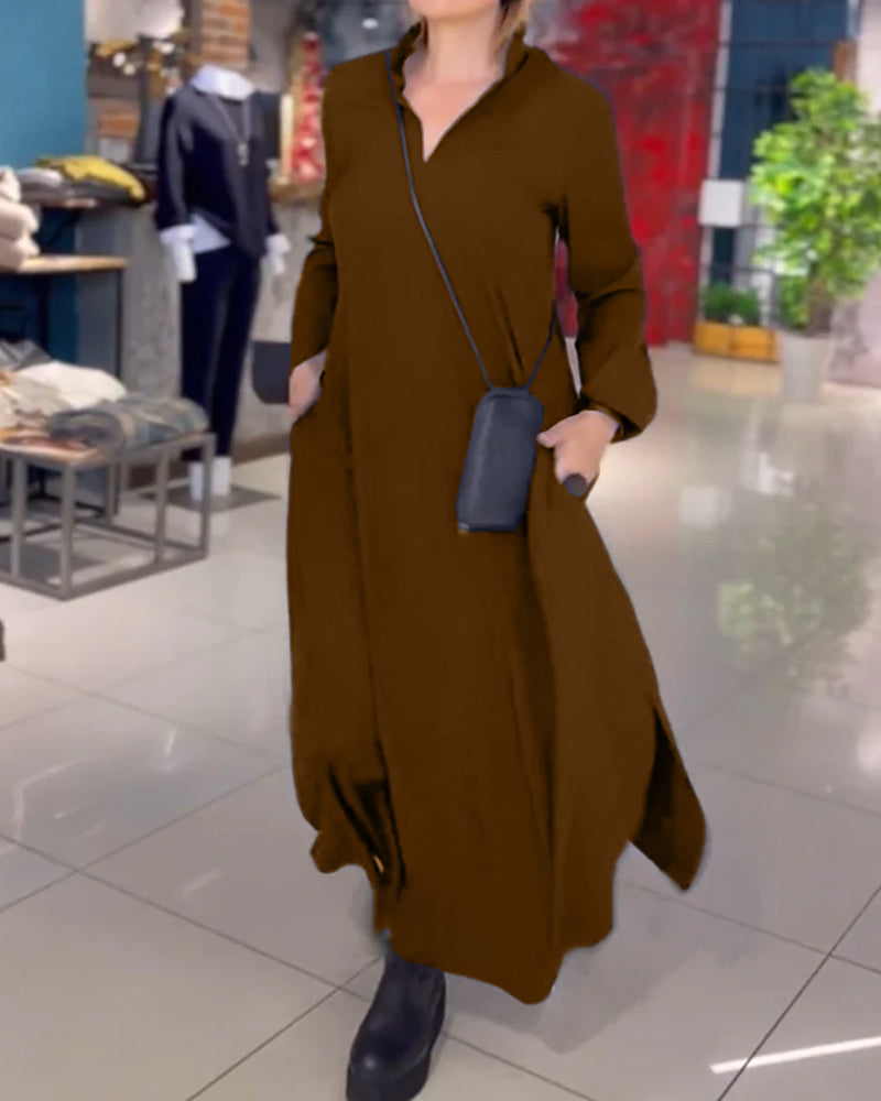 Evia™ - Vestido Largo Suelto con Solapas y Abertura